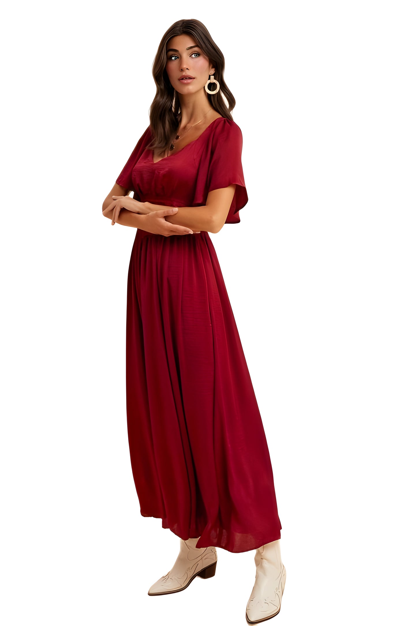 Burgundy Maxi Dress with Lace Waist and Flutter Sleeves