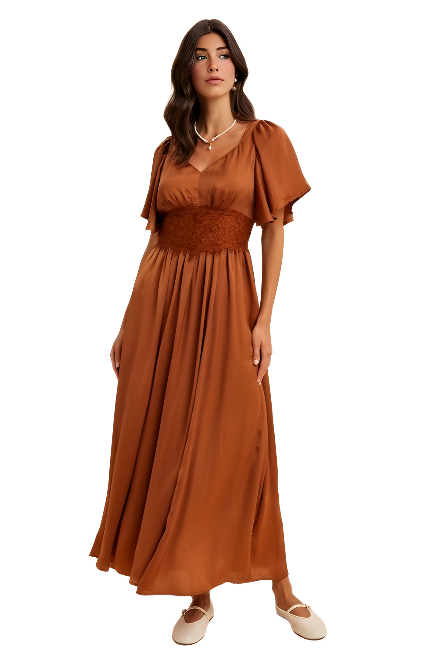 Rust Satin Maxi Dress with Lace Waist and Flutter Sleeves