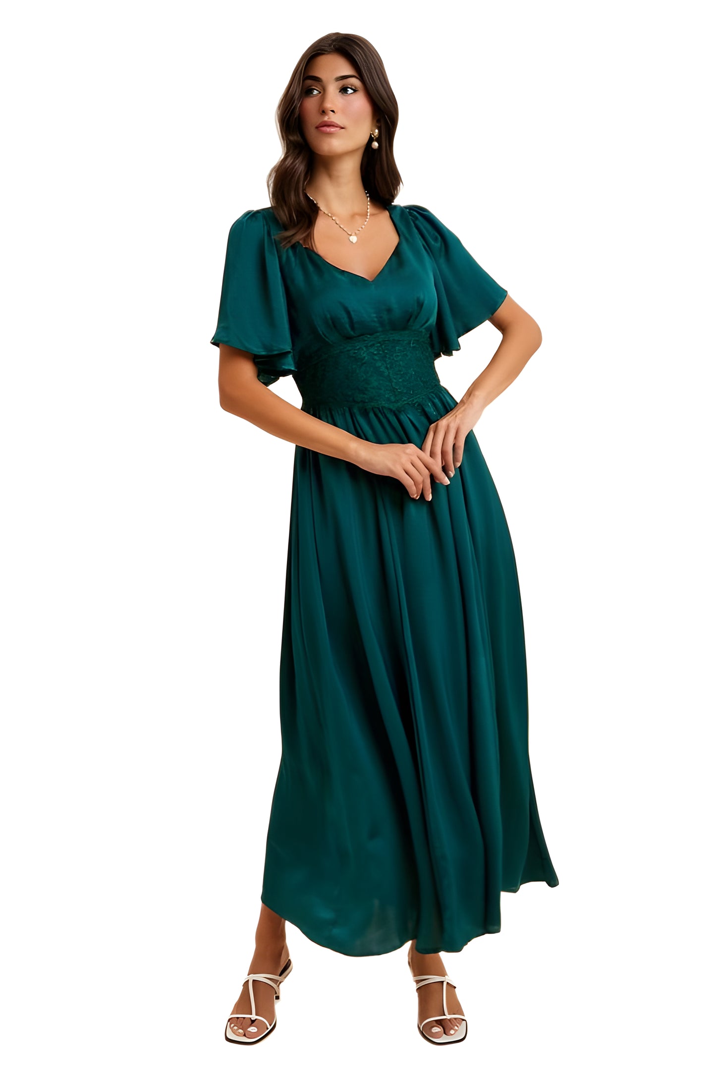 Emerald Green Maxi Dress with Lace Waist and Flutter Sleeves