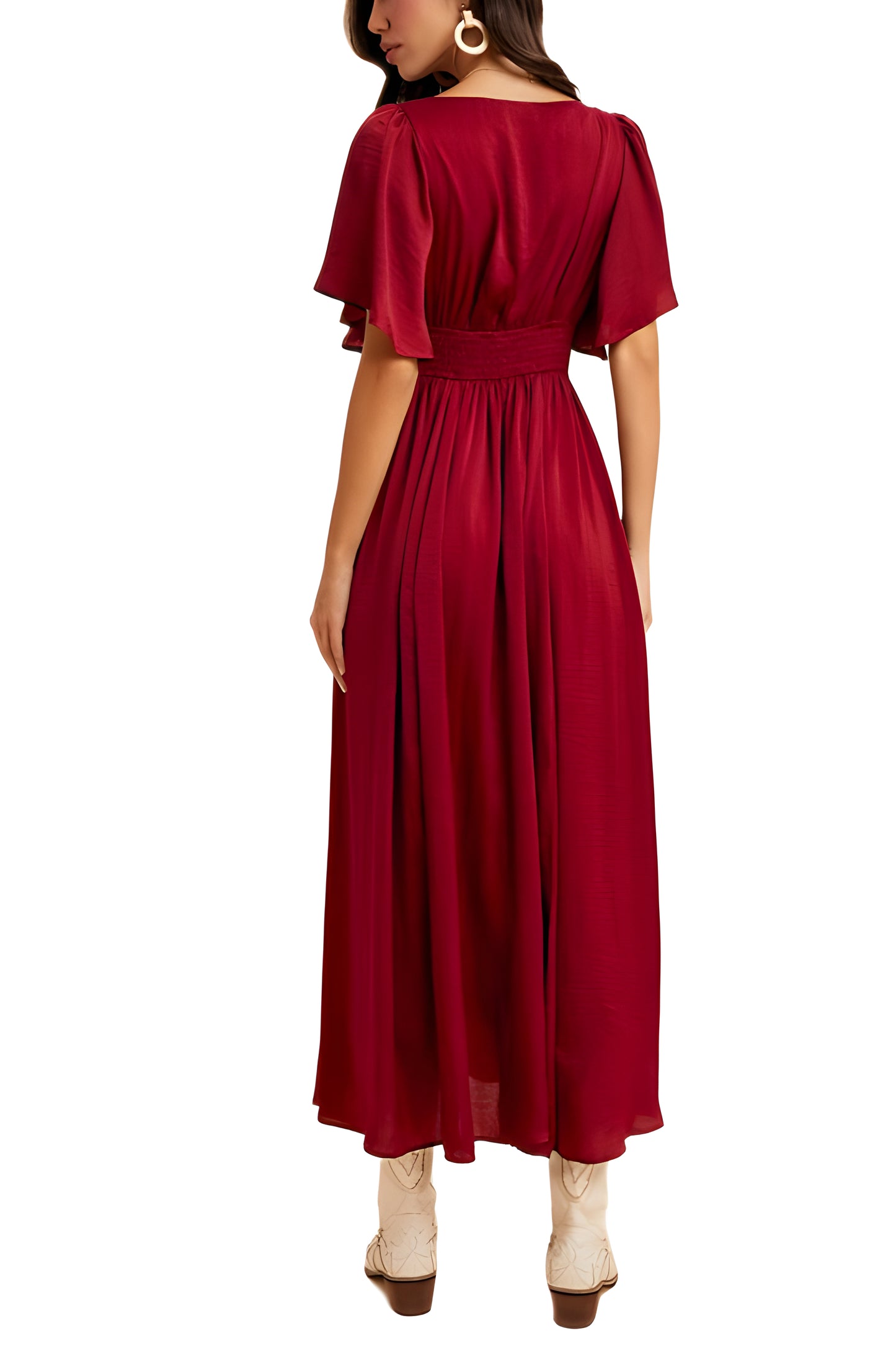Burgundy Maxi Dress with Lace Waist and Flutter Sleeves
