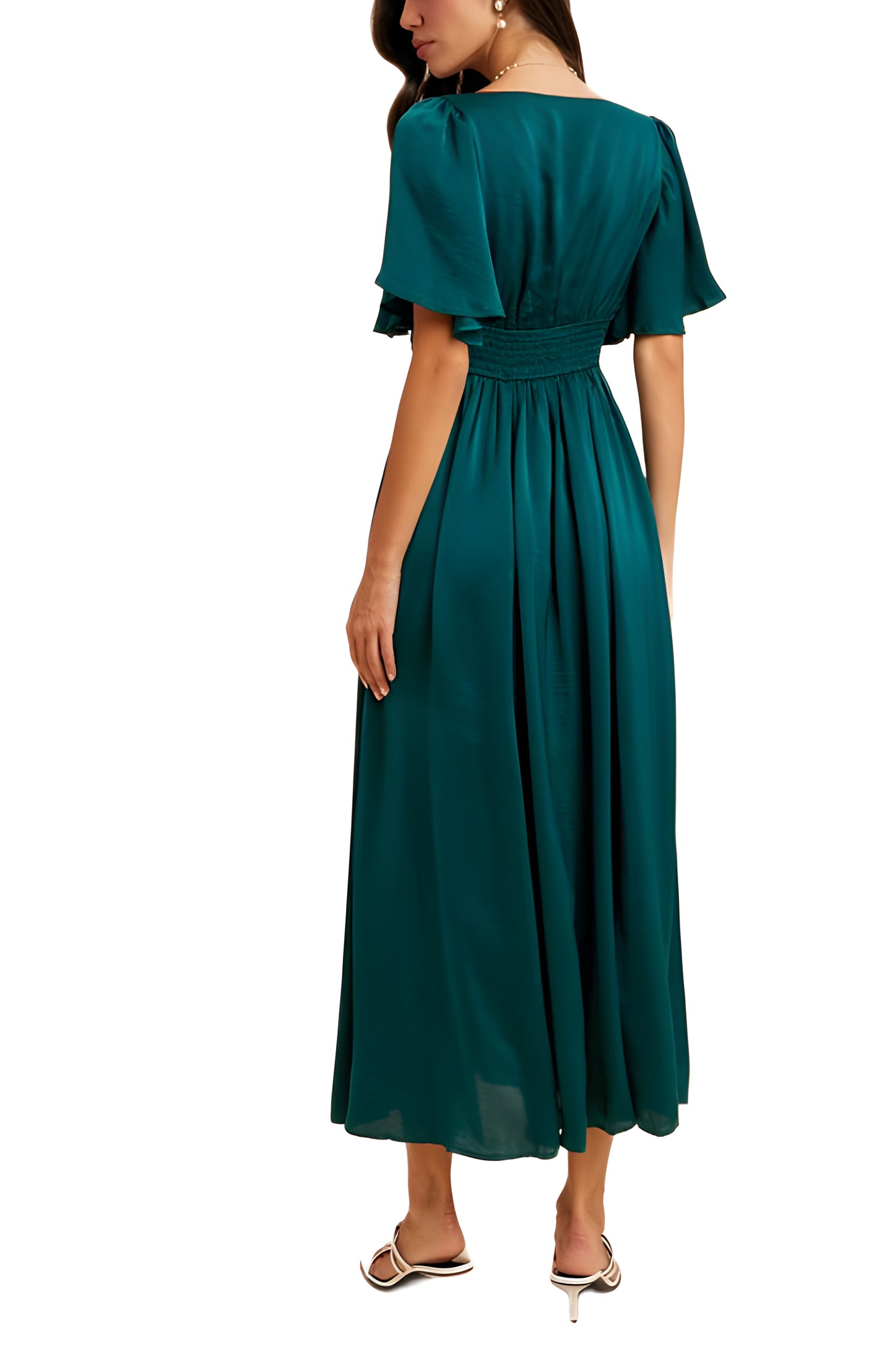 Emerald Green Maxi Dress with Lace Waist and Flutter Sleeves