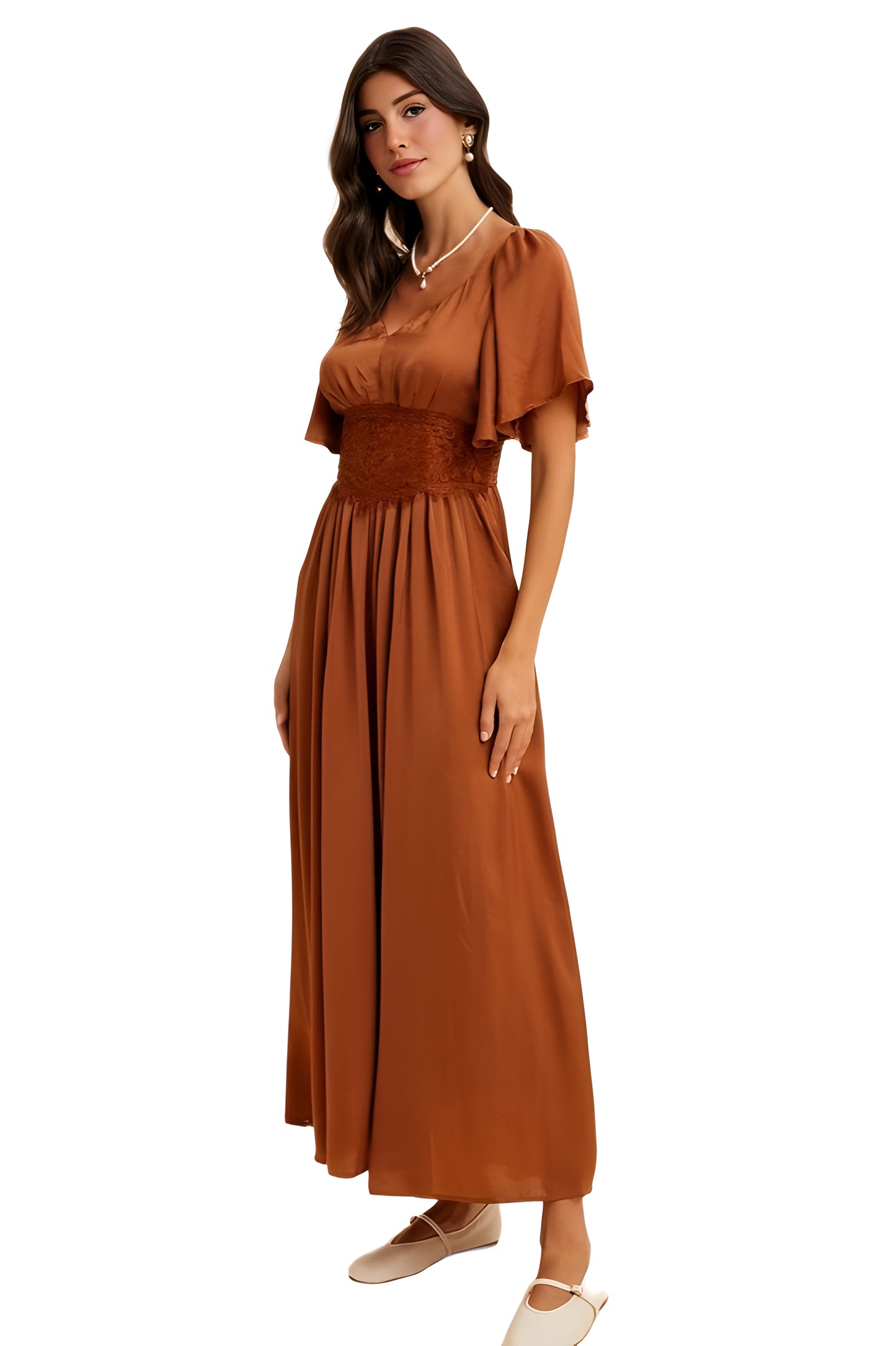 Rust Satin Maxi Dress with Lace Waist and Flutter Sleeves