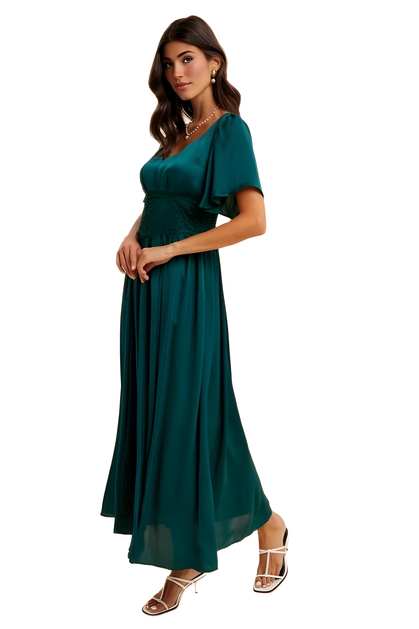 Emerald Green Maxi Dress with Lace Waist and Flutter Sleeves