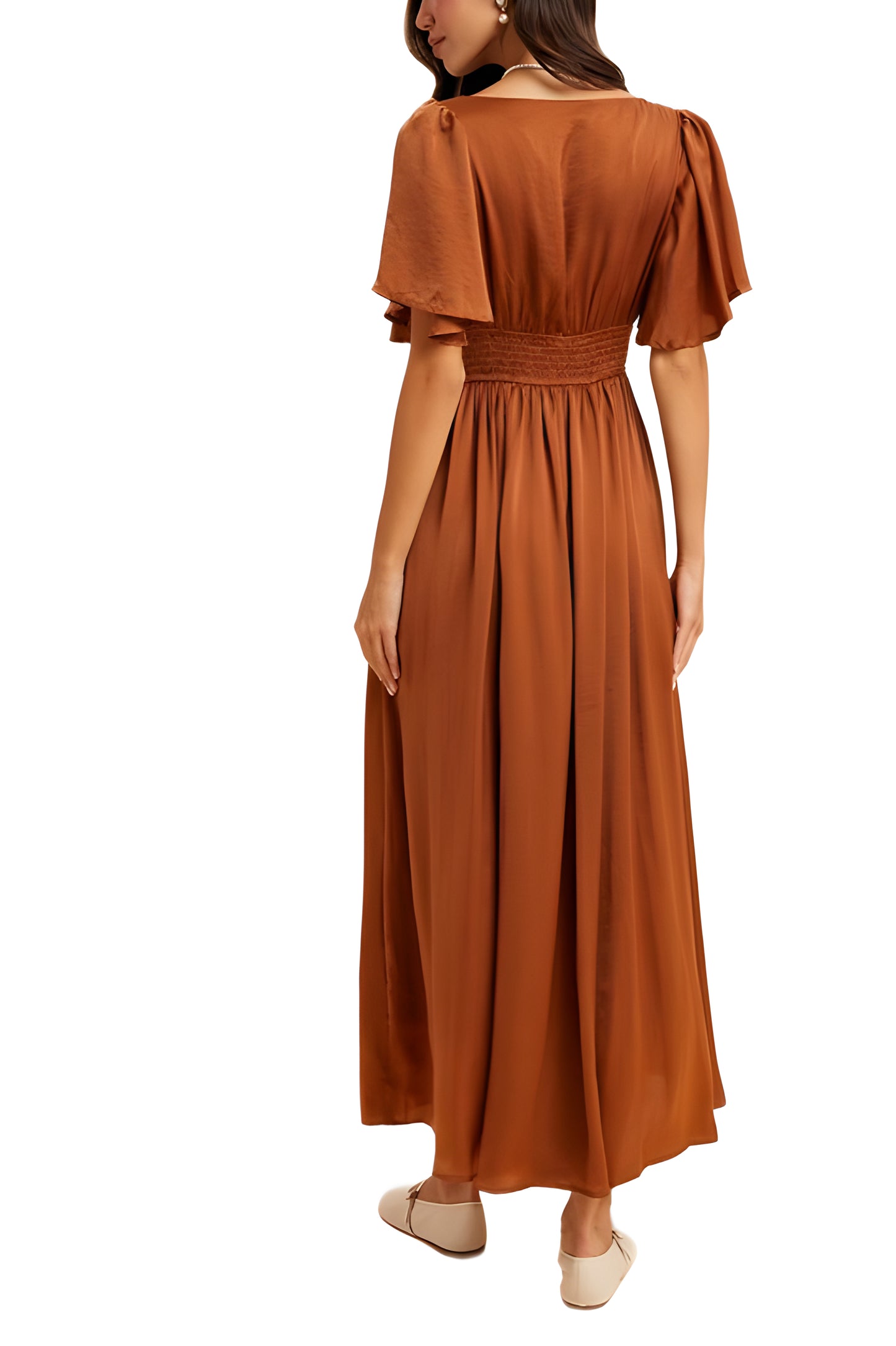 Rust Satin Maxi Dress with Lace Waist and Flutter Sleeves