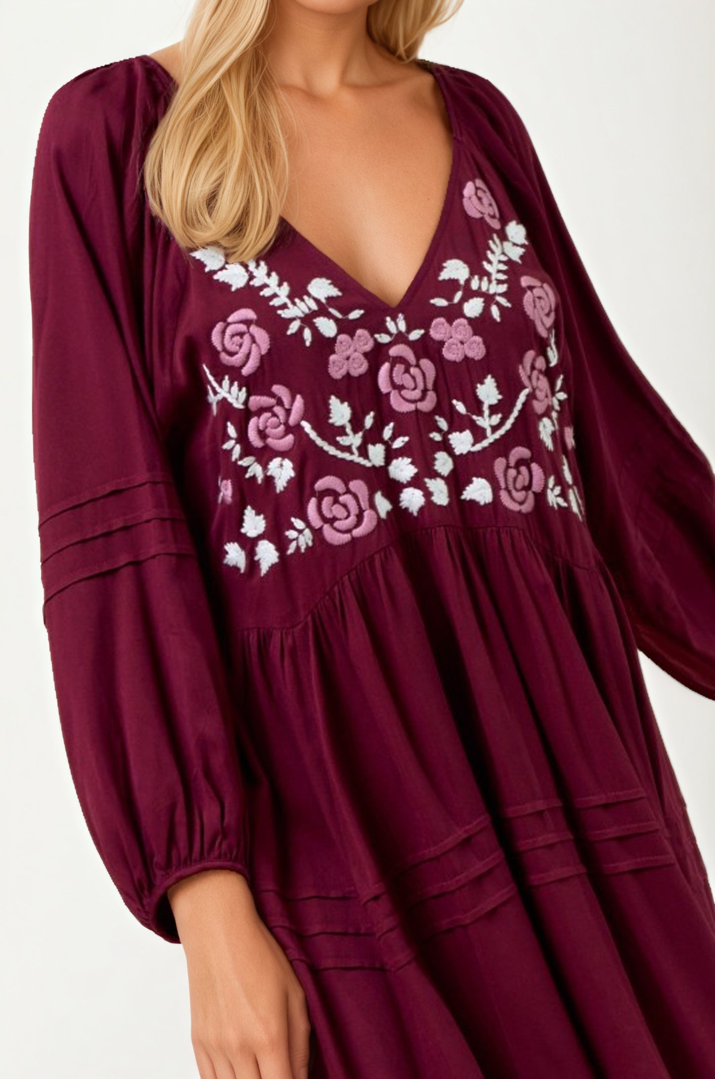Embroidered Plum V-Neck Mini Dress with Long Sleeves