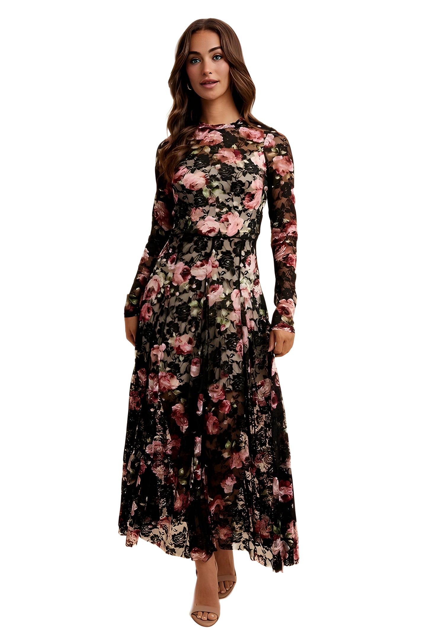 Long Sleeve Floral Lace Maxi Dress With Sheer Illusion Details