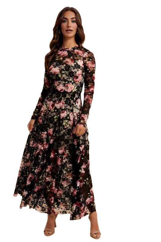 Long Sleeve Floral Lace Maxi Dress With Sheer Illusion Details