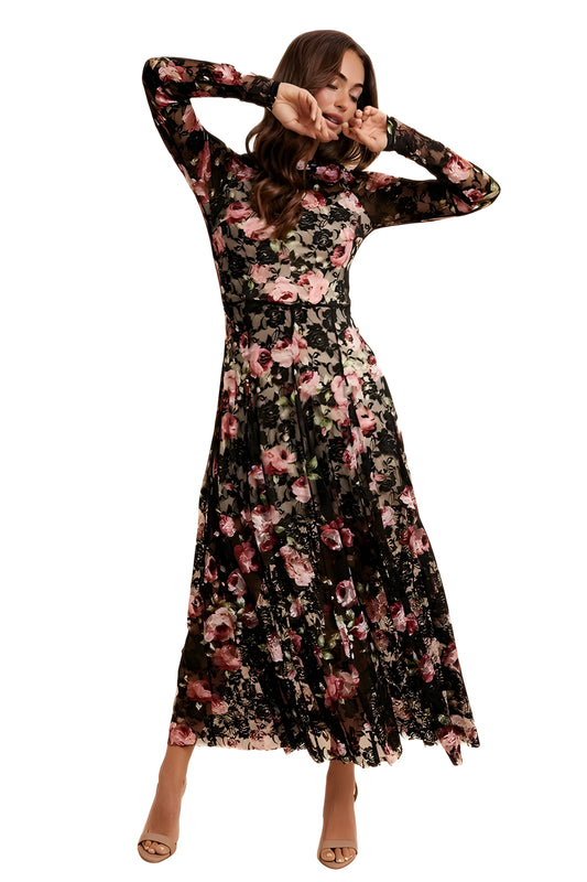 Long Sleeve Floral Lace Maxi Dress With Sheer Illusion Details