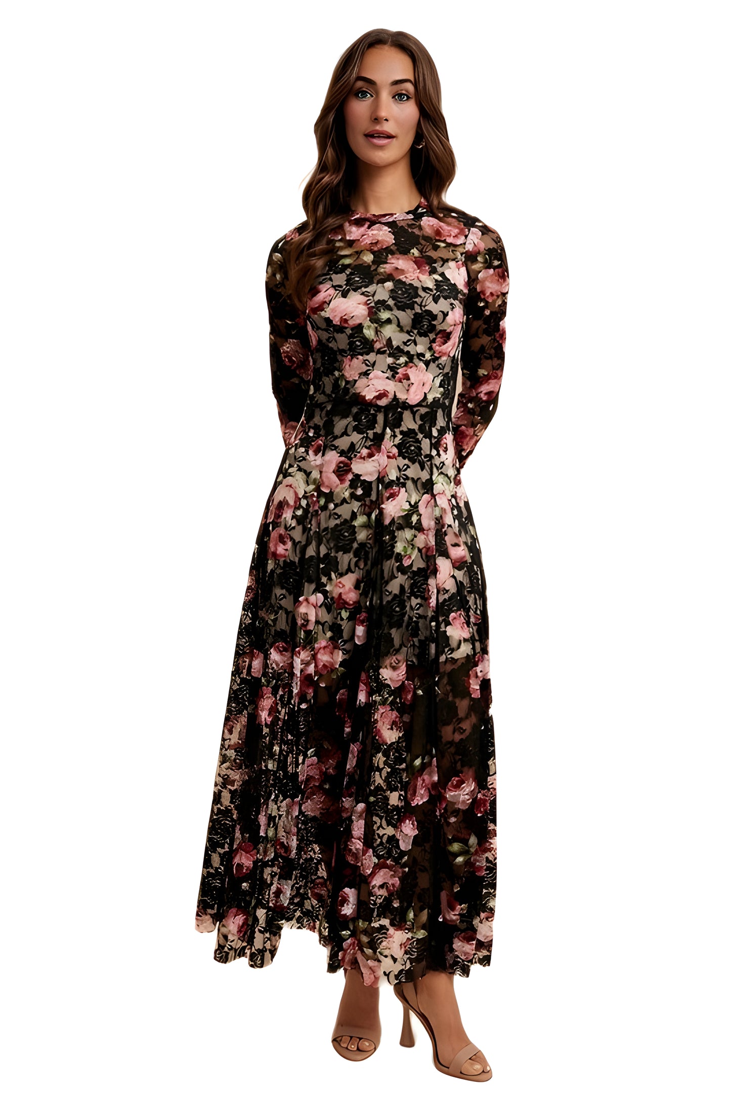 Long Sleeve Floral Lace Maxi Dress With Sheer Illusion Details