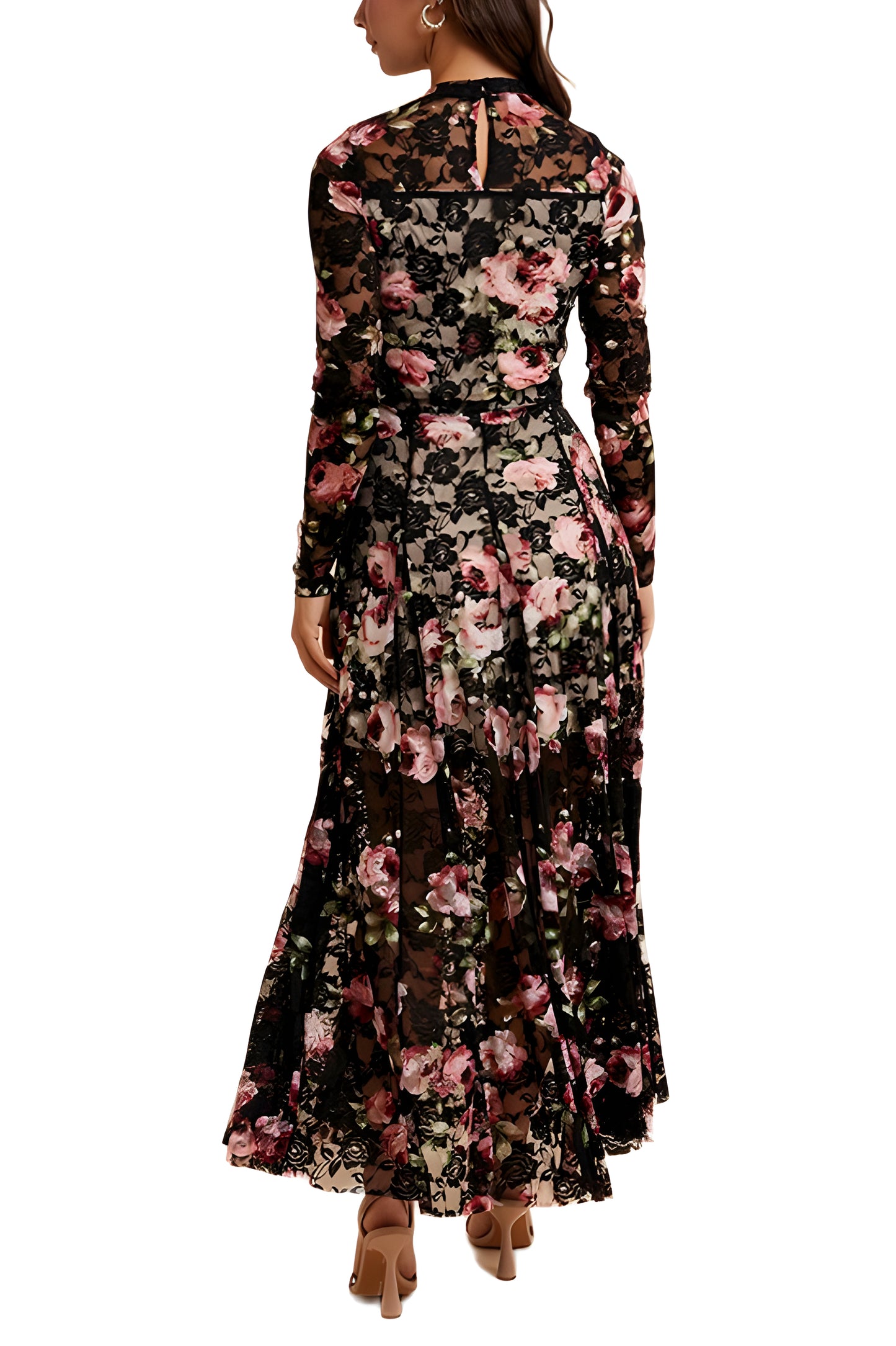 Long Sleeve Floral Lace Maxi Dress With Sheer Illusion Details