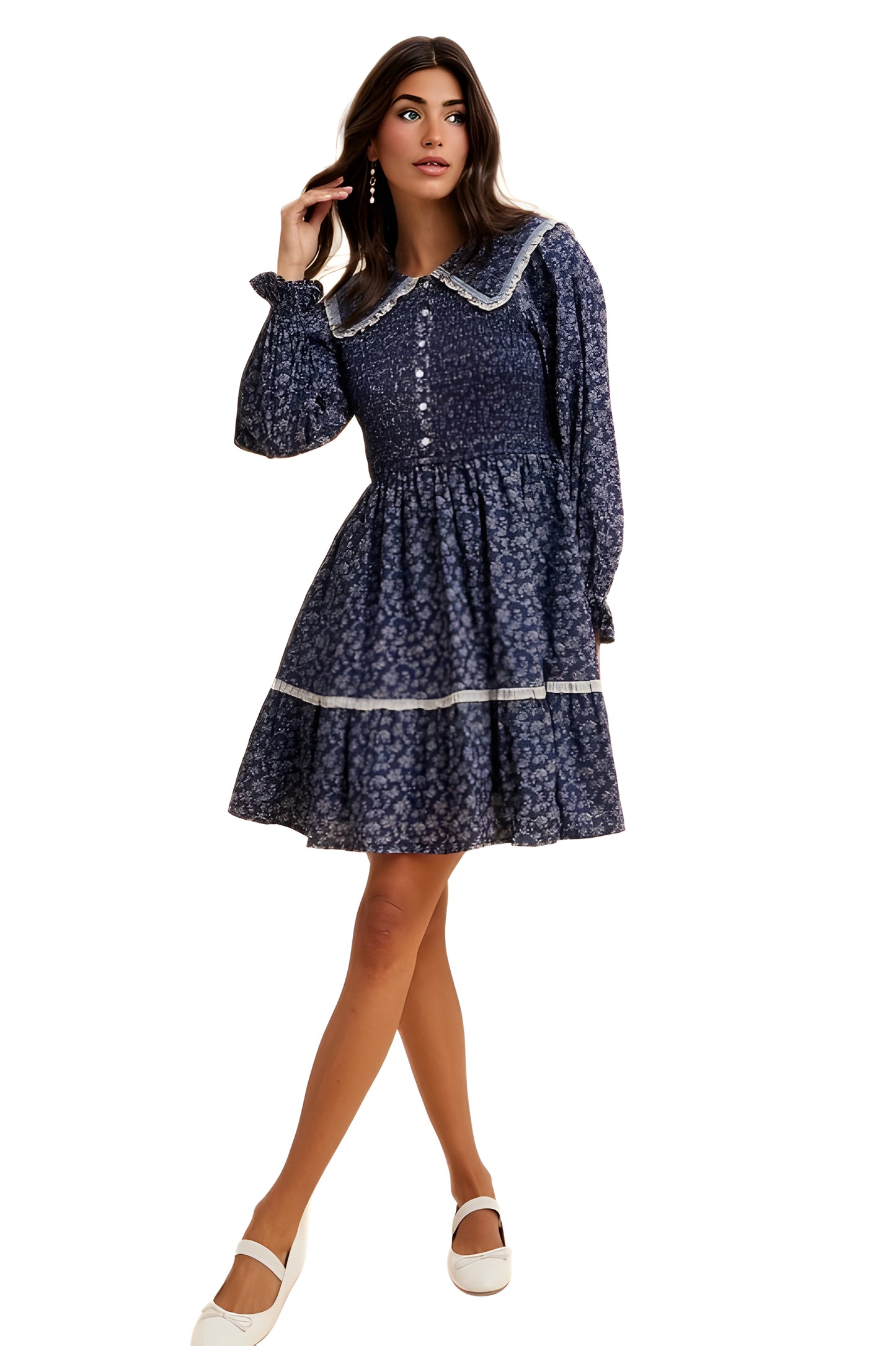 Navy Floral Mini Dress with Shirred Bodice and Contrast Collar