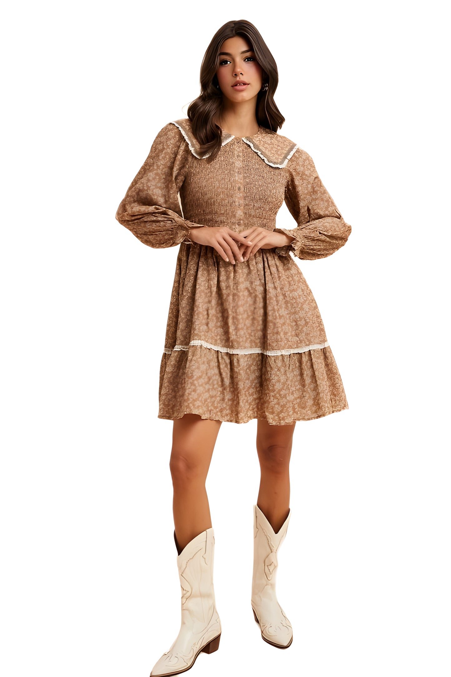 Floral Shirred Mini Dress with Lace Trim & Peter Pan Collar