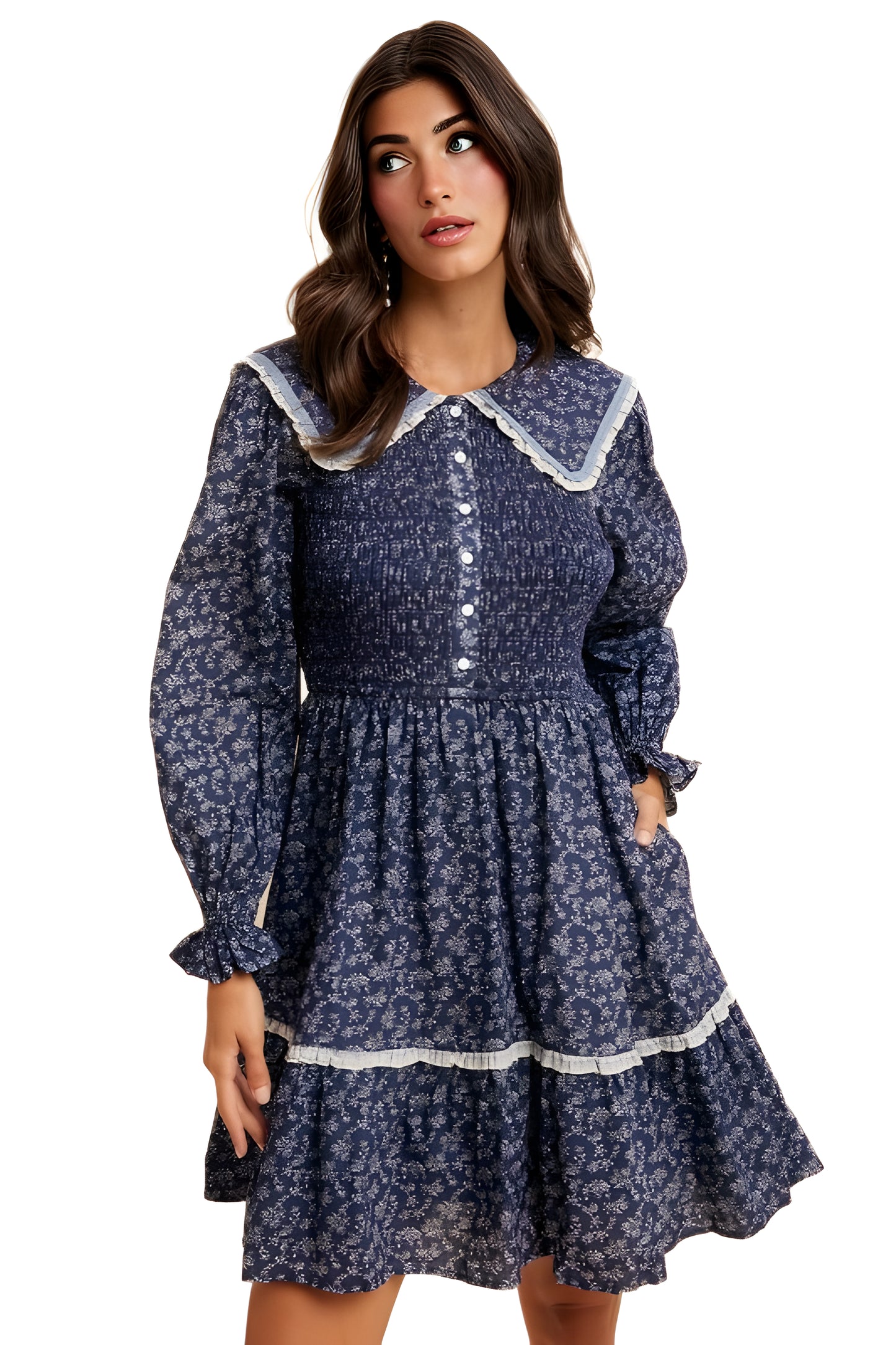Navy Floral Mini Dress with Shirred Bodice and Contrast Collar