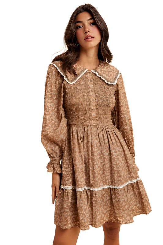 Floral Shirred Mini Dress with Lace Trim & Peter Pan Collar