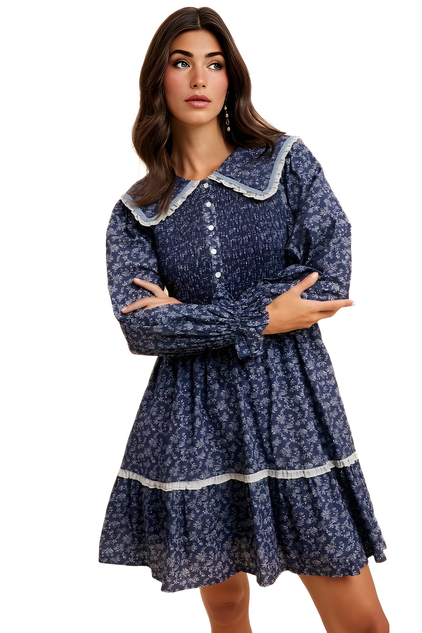 Navy Floral Mini Dress with Shirred Bodice and Contrast Collar