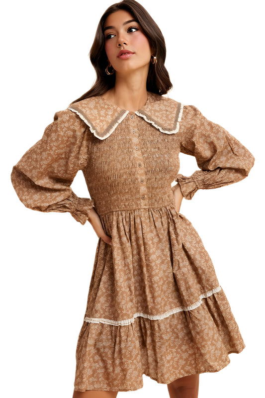 Floral Shirred Mini Dress with Lace Trim & Peter Pan Collar