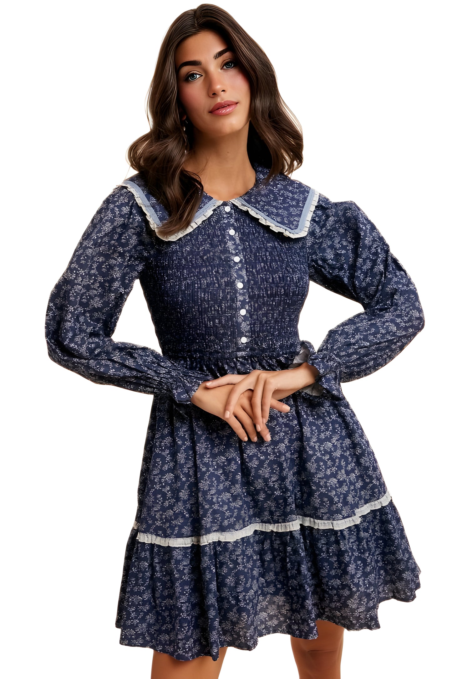 Navy Floral Mini Dress with Shirred Bodice and Contrast Collar