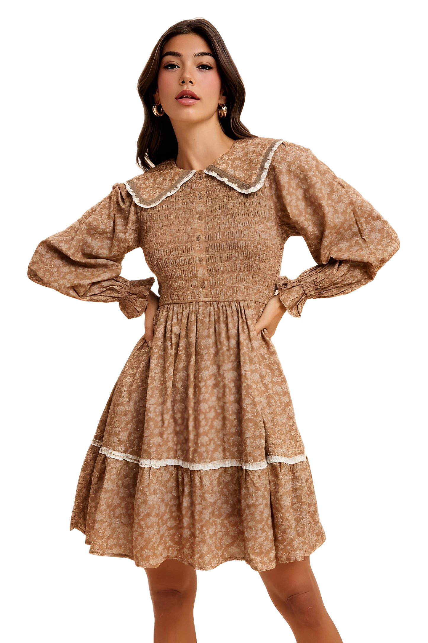 Floral Shirred Mini Dress with Lace Trim & Peter Pan Collar