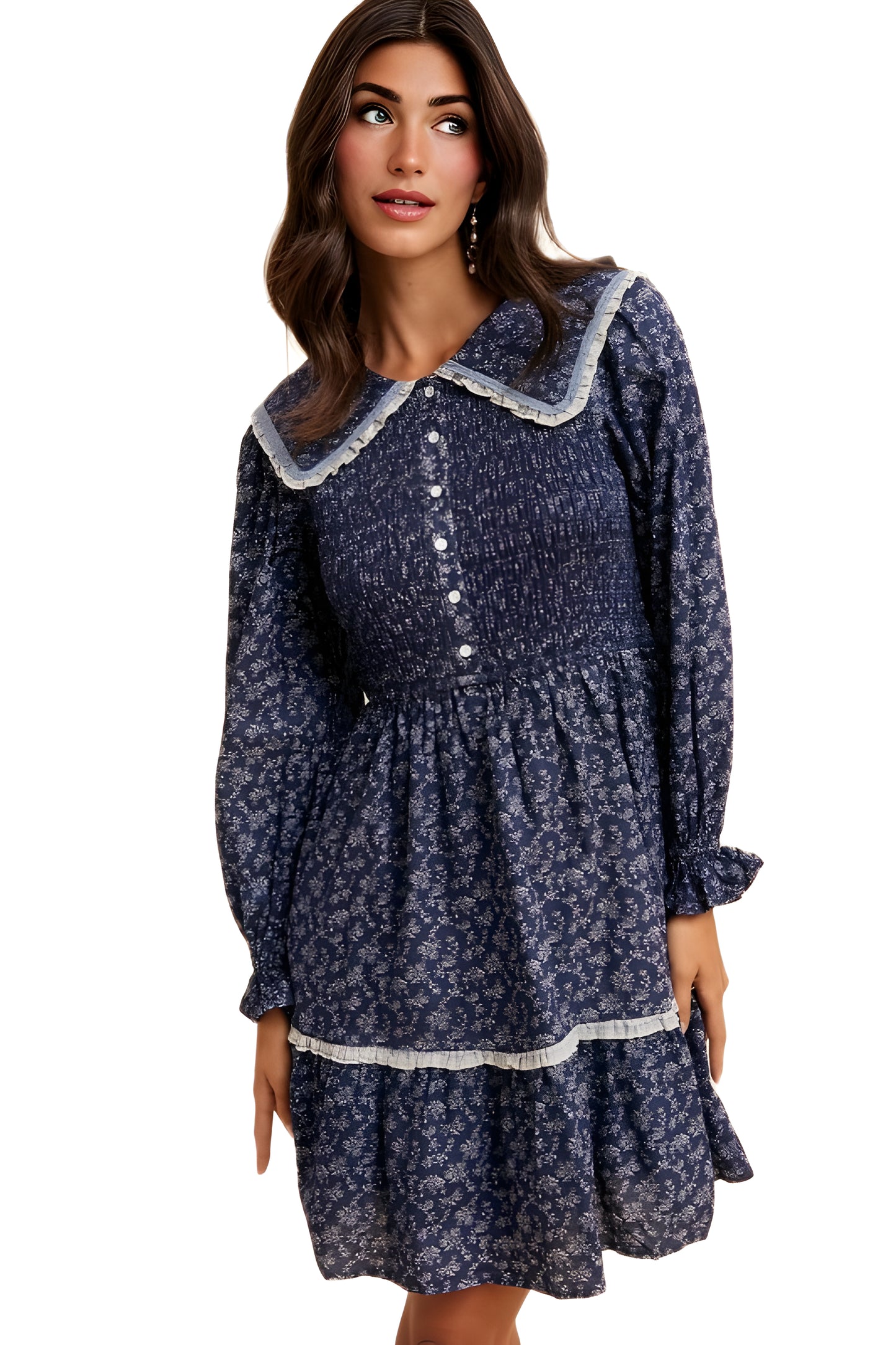 Navy Floral Mini Dress with Shirred Bodice and Contrast Collar