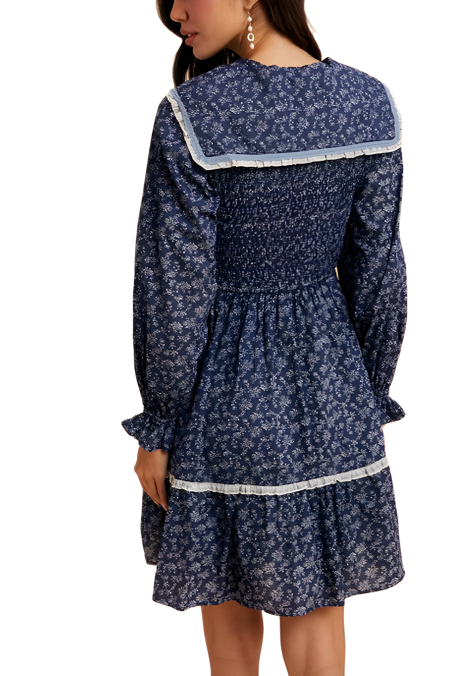 Navy Floral Mini Dress with Shirred Bodice and Contrast Collar