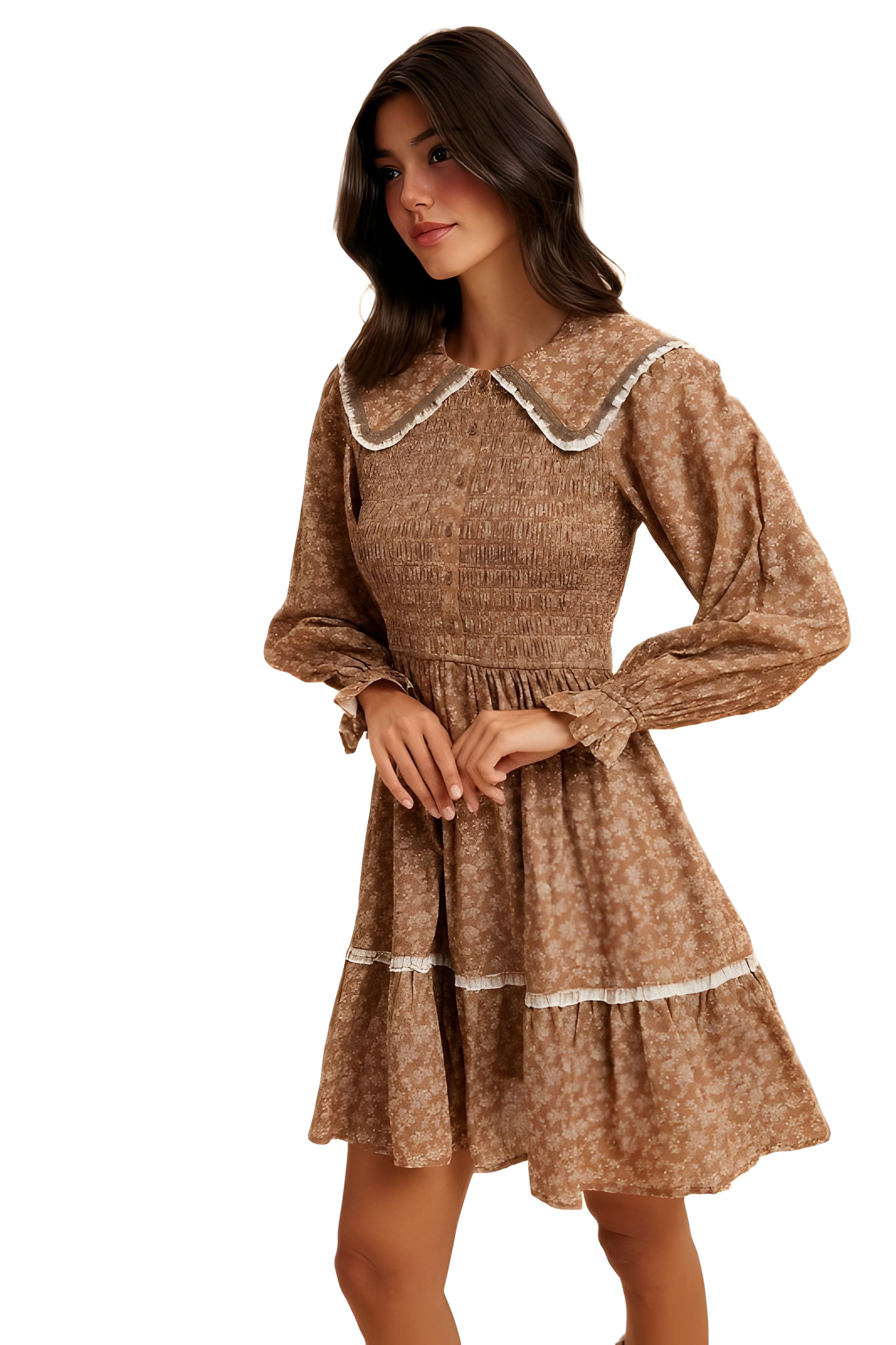 Floral Shirred Mini Dress with Lace Trim & Peter Pan Collar
