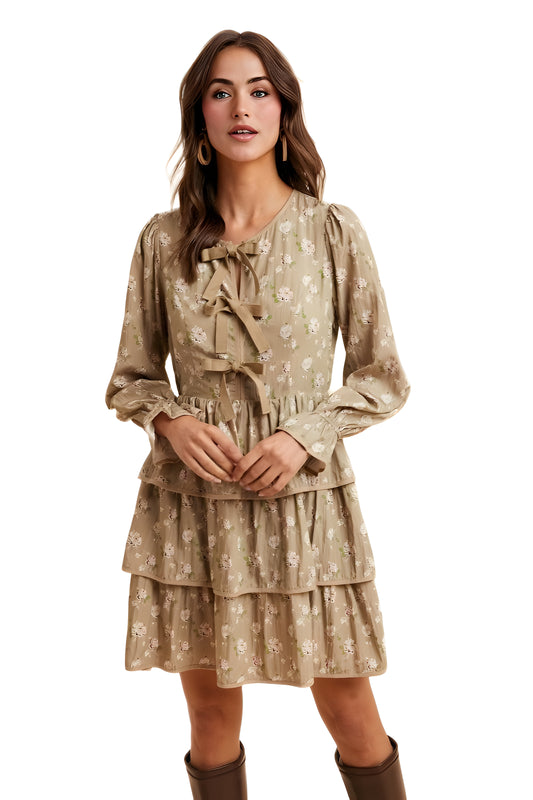 Taupe Floral Tiered Mini Dress with Bow Detail