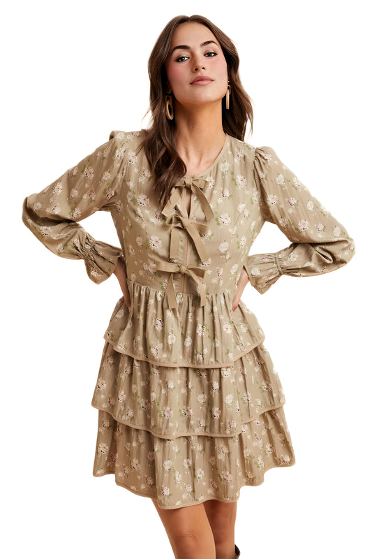 Taupe Floral Tiered Mini Dress with Bow Detail
