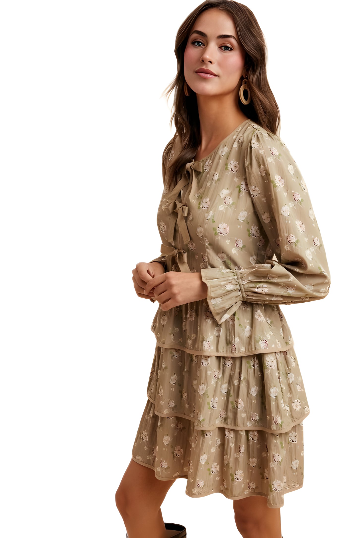 Taupe Floral Tiered Mini Dress with Bow Detail
