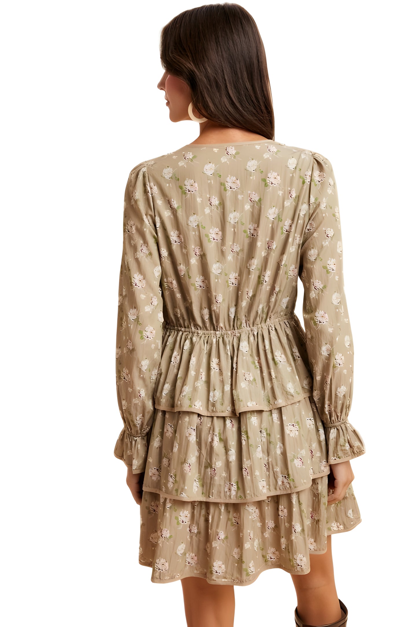 Taupe Floral Tiered Mini Dress with Bow Detail