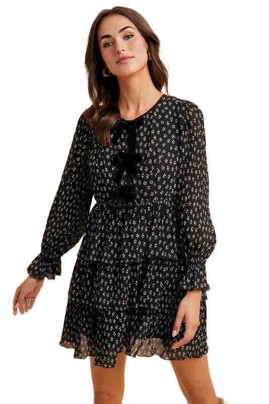 Black Floral Tiered Mini Dress with Velvet Bow Detail