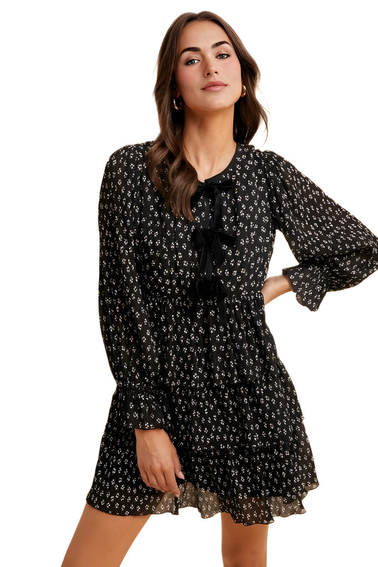 Black Floral Tiered Mini Dress with Velvet Bow Detail