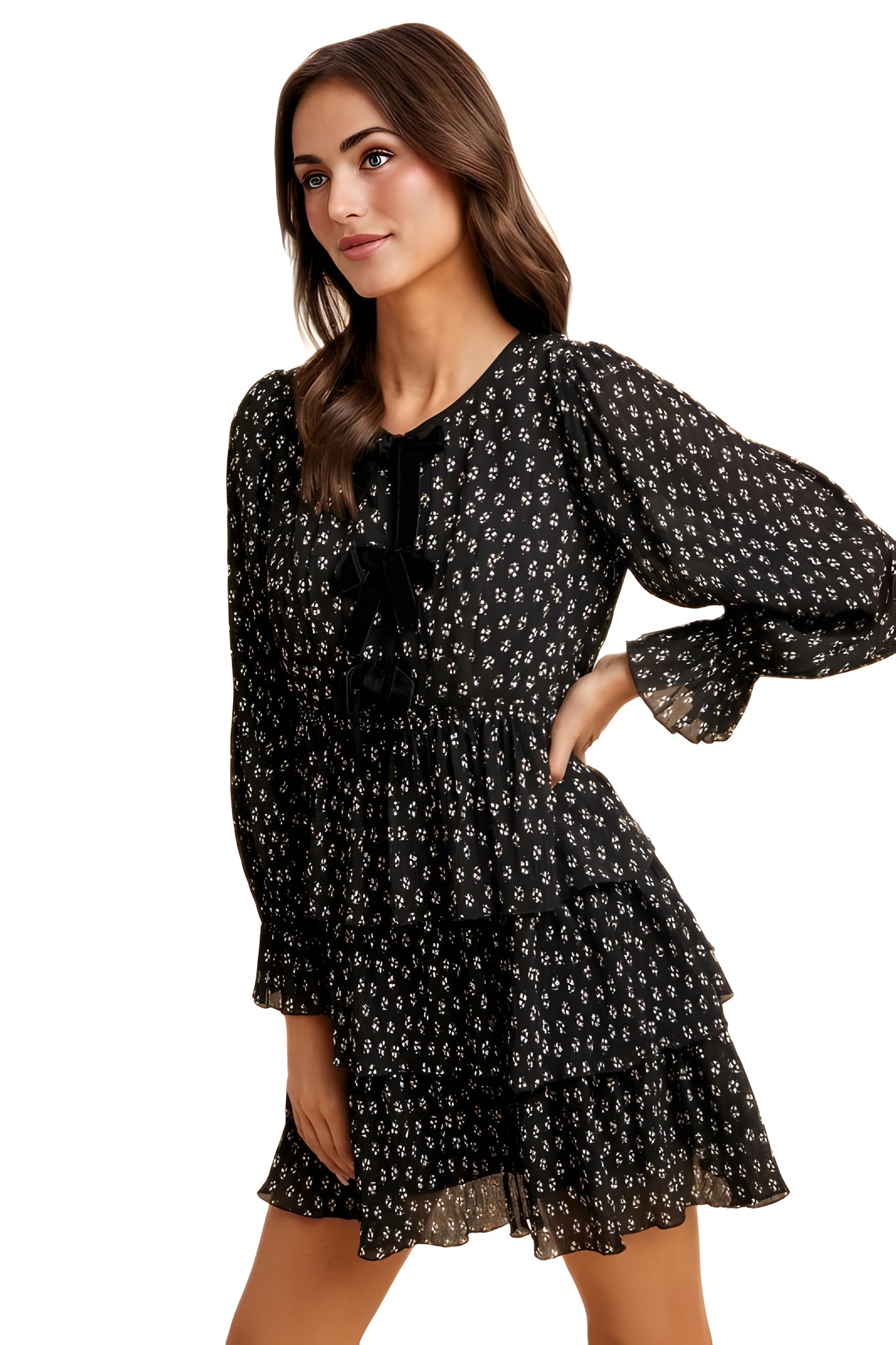 Black Floral Tiered Mini Dress with Velvet Bow Detail