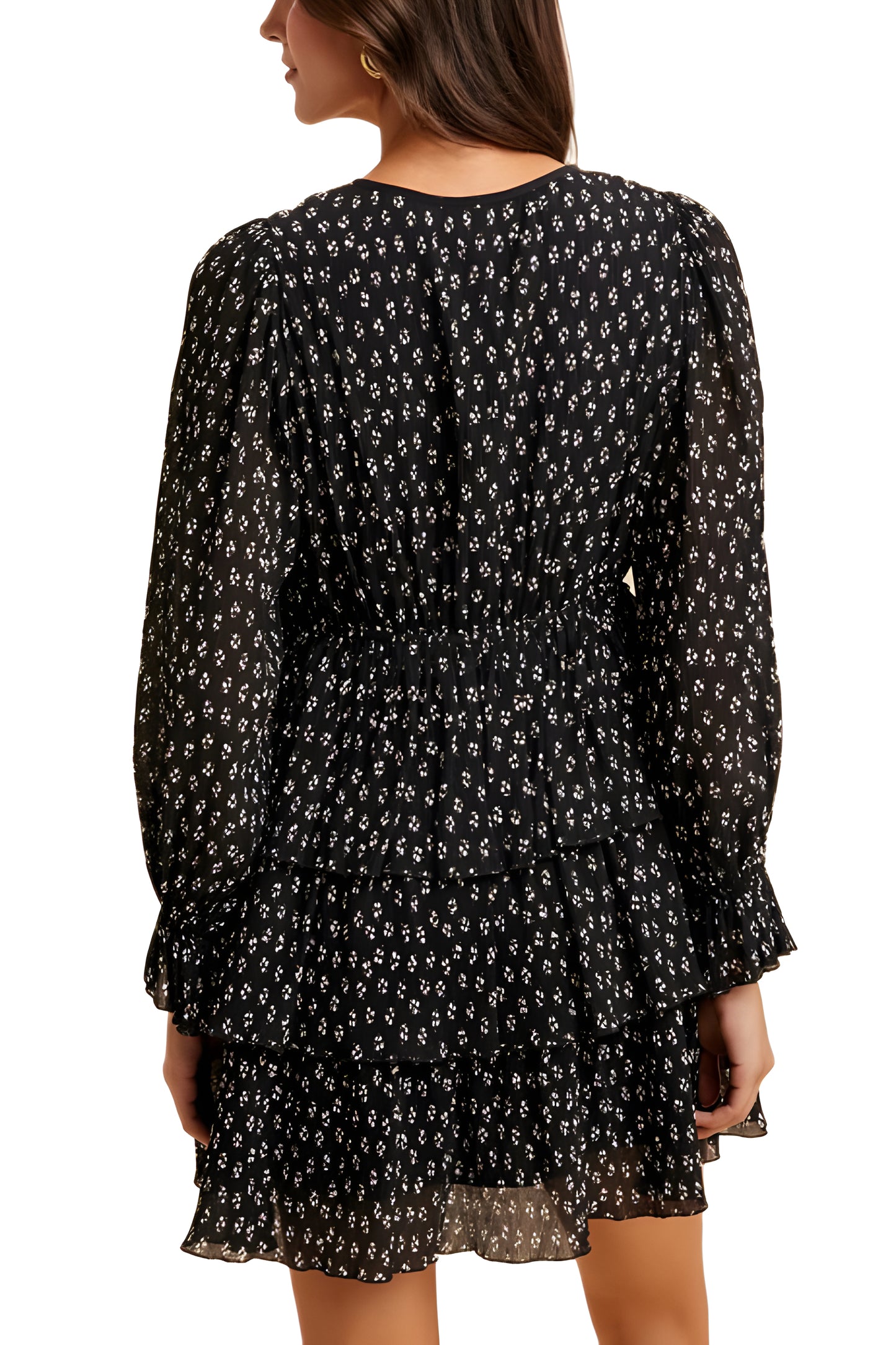 Black Floral Tiered Mini Dress with Velvet Bow Detail
