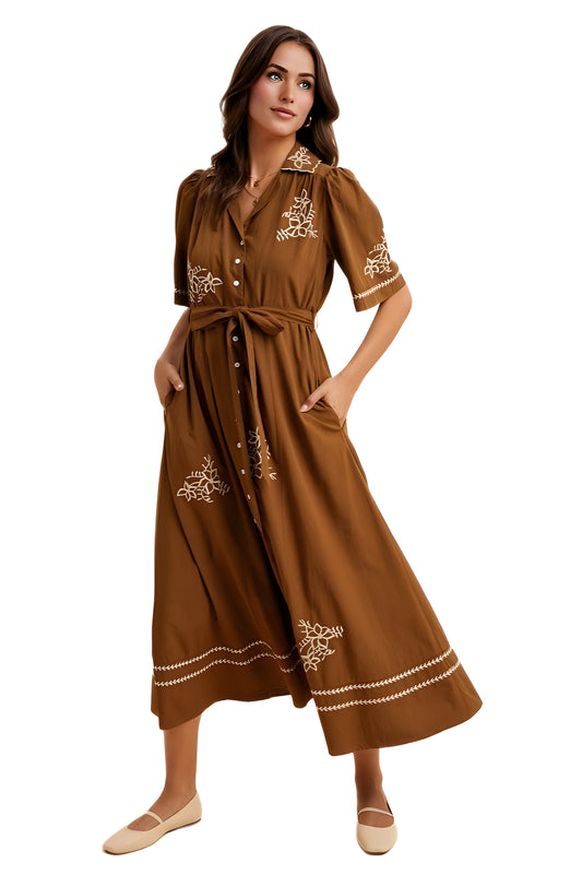 Brown Button-Down Maxi Dress with Embroidery and Waist Tie