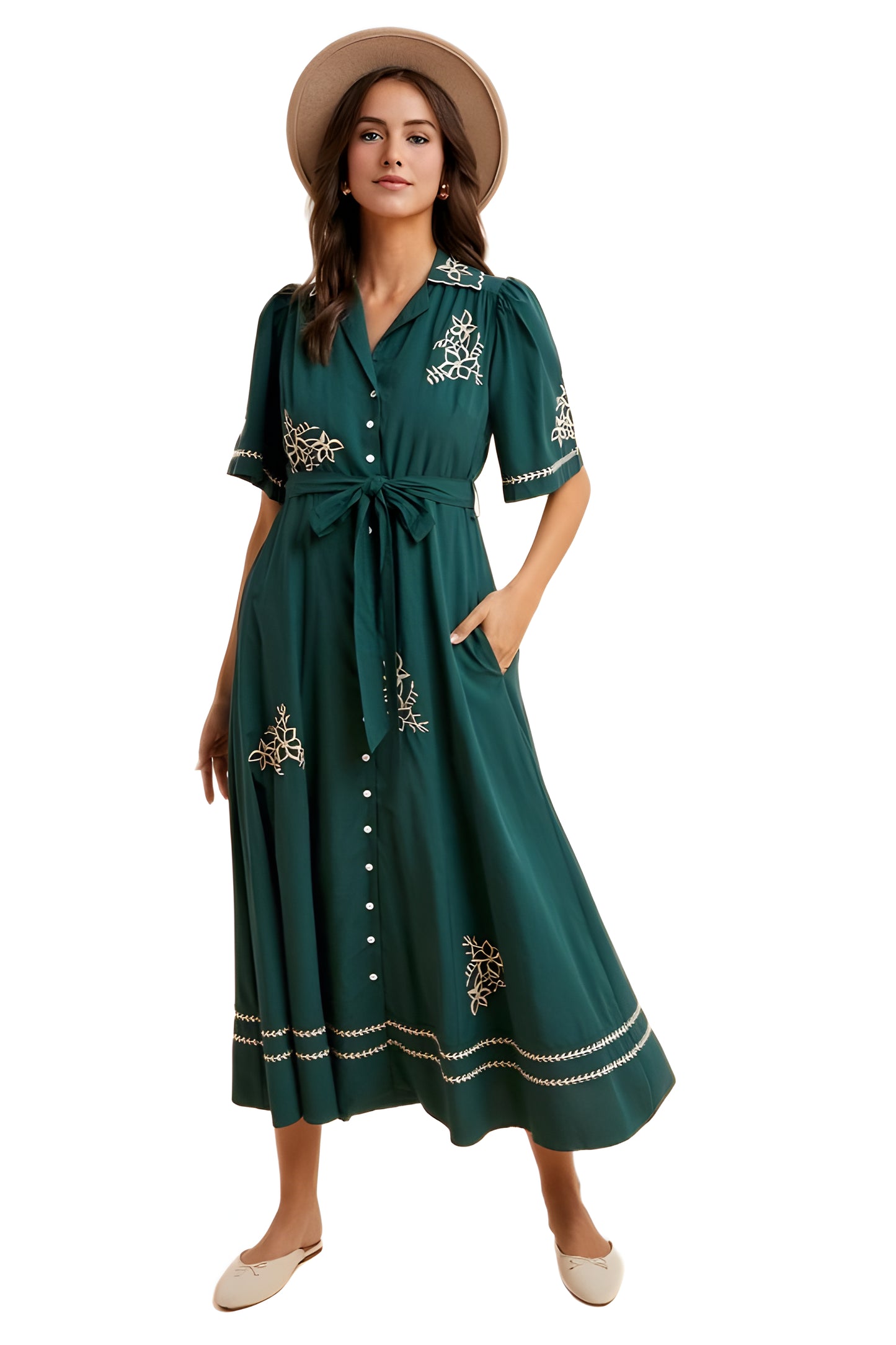 Teal Embroidered Button-Down Maxi Dress with Waist Tie