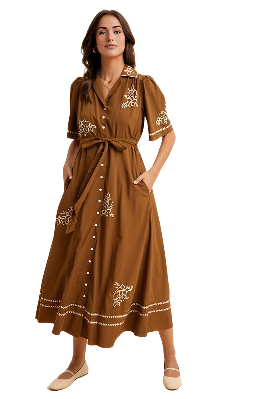 Brown Button-Down Maxi Dress with Embroidery and Waist Tie