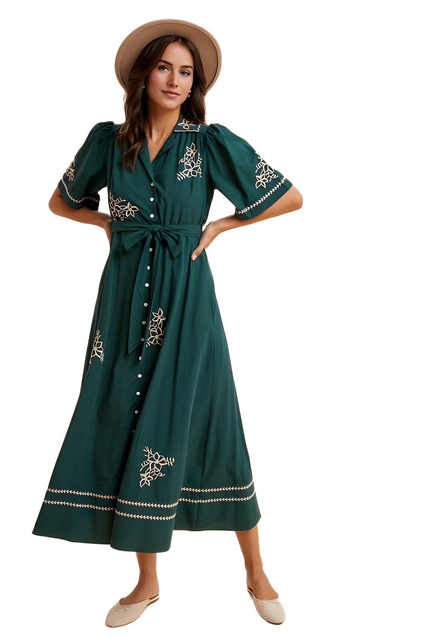 Teal Embroidered Button-Down Maxi Dress with Waist Tie