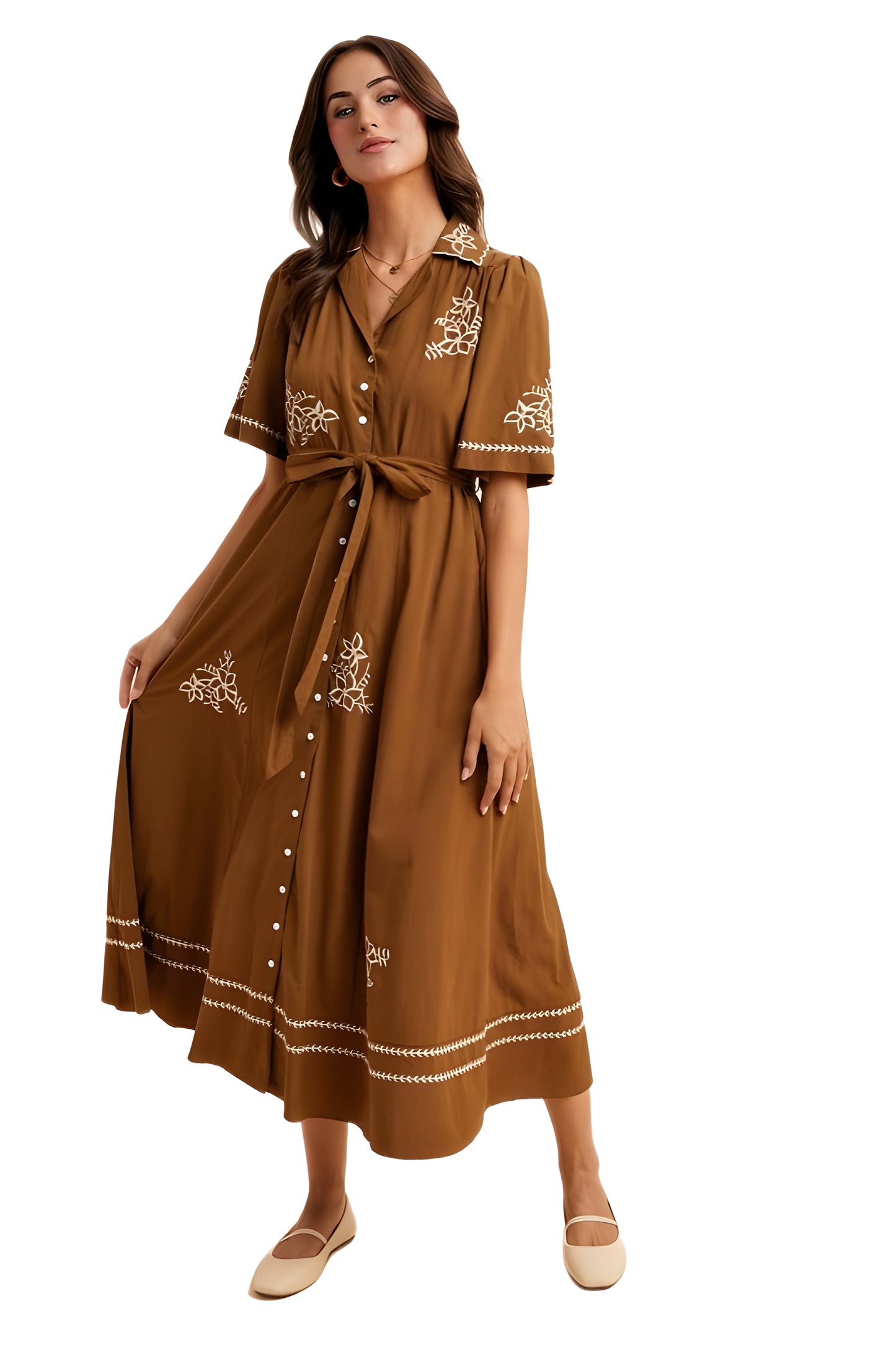 Brown Button-Down Maxi Dress with Embroidery and Waist Tie
