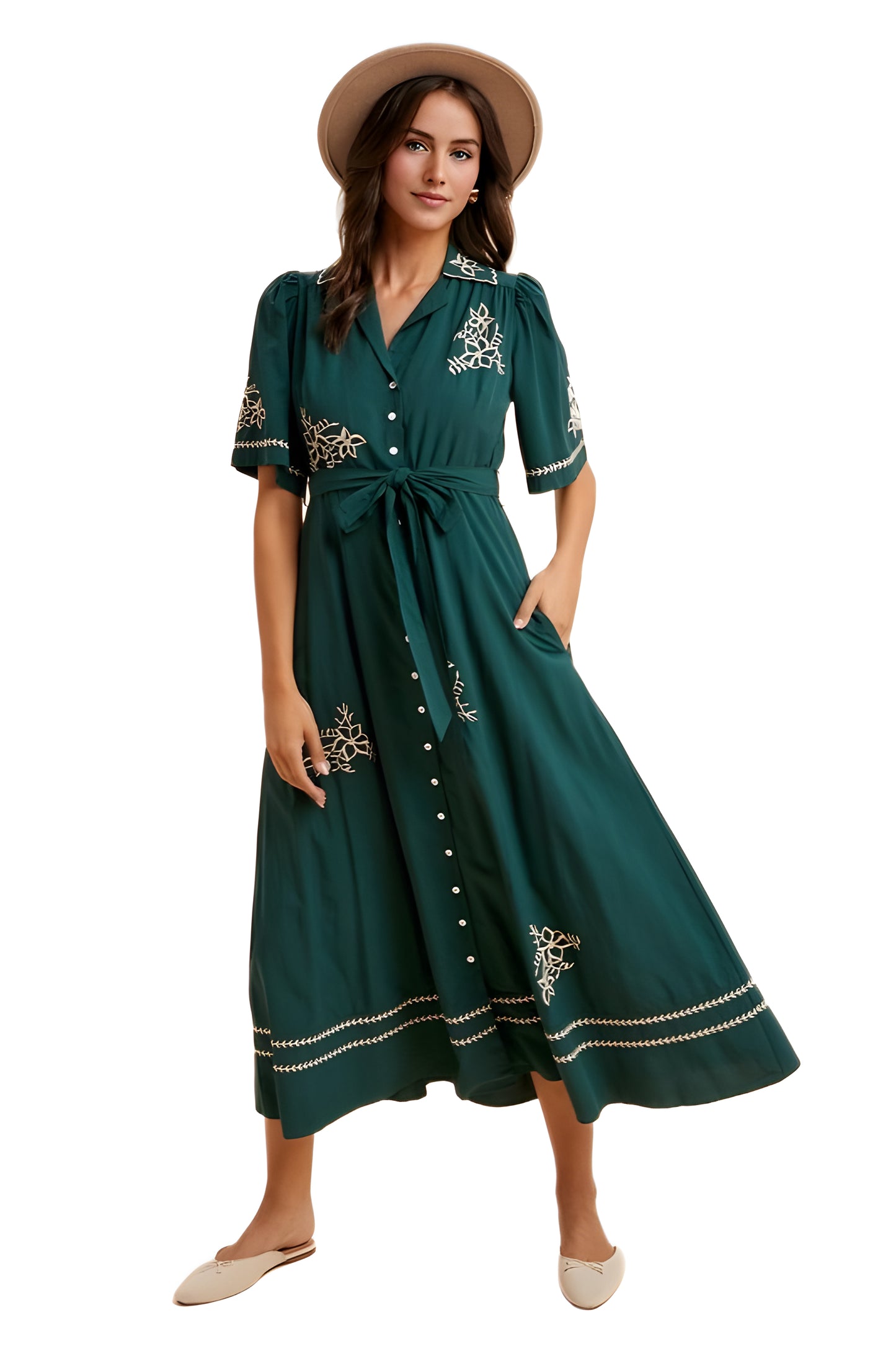 Teal Embroidered Button-Down Maxi Dress with Waist Tie