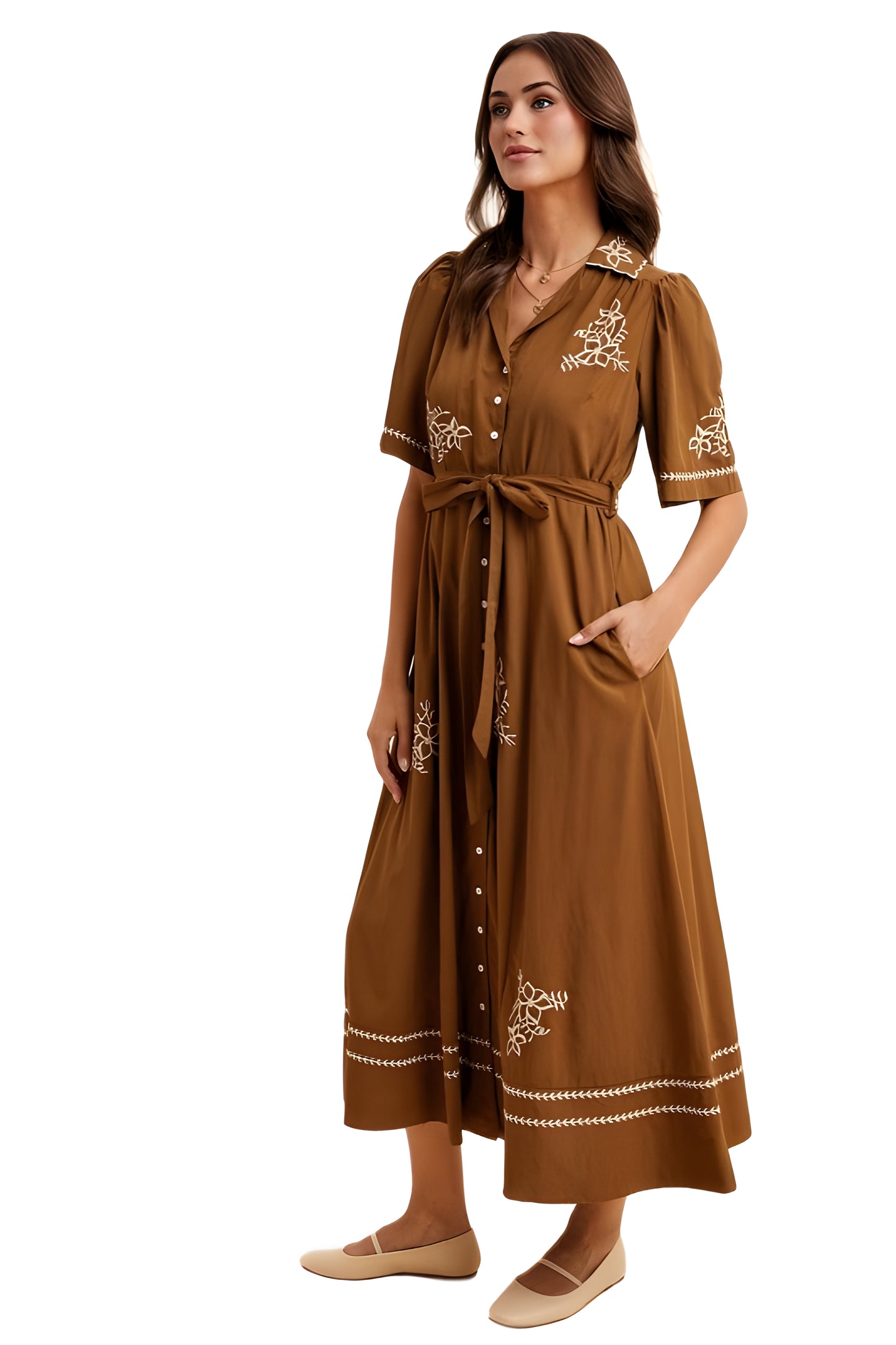 Brown Button-Down Maxi Dress with Embroidery and Waist Tie