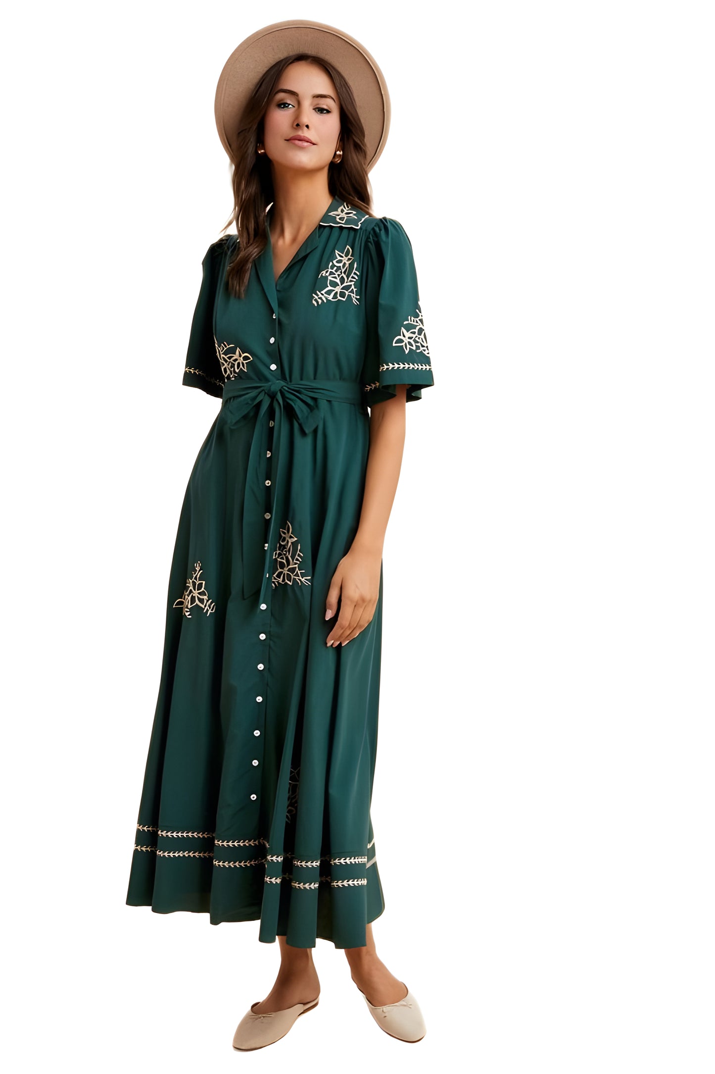 Teal Embroidered Button-Down Maxi Dress with Waist Tie