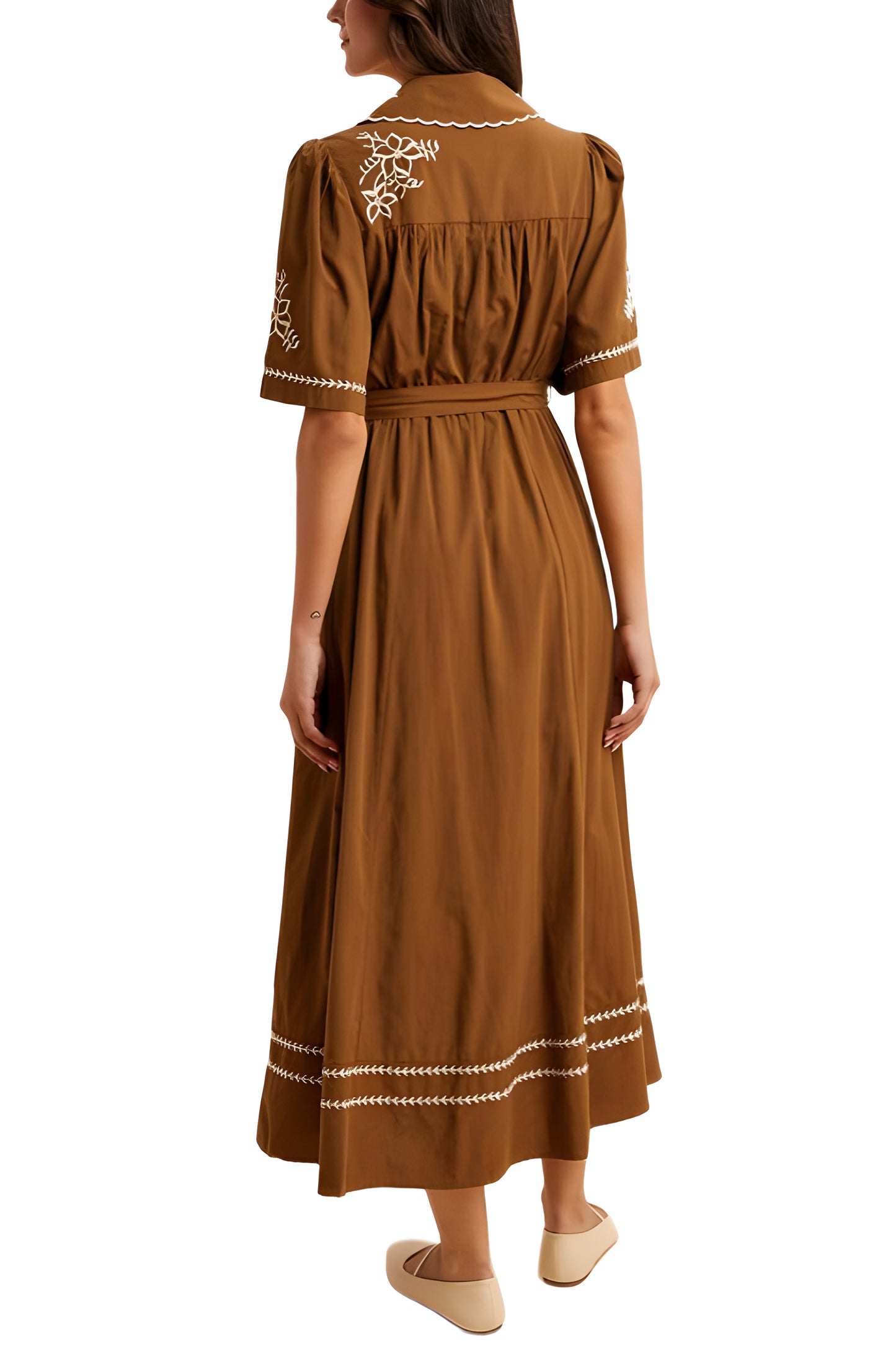 Brown Button-Down Maxi Dress with Embroidery and Waist Tie