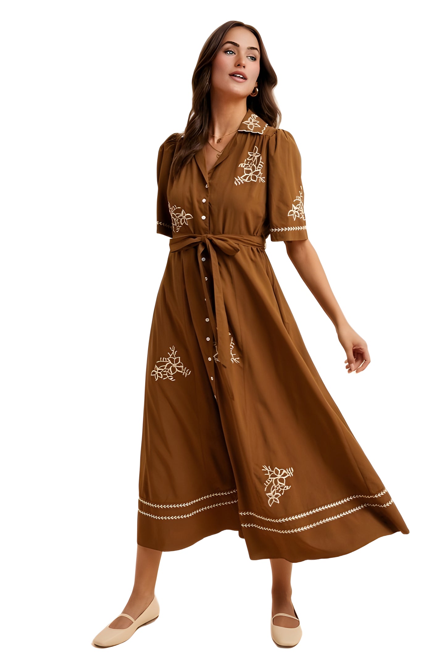 Brown Button-Down Maxi Dress with Embroidery and Waist Tie