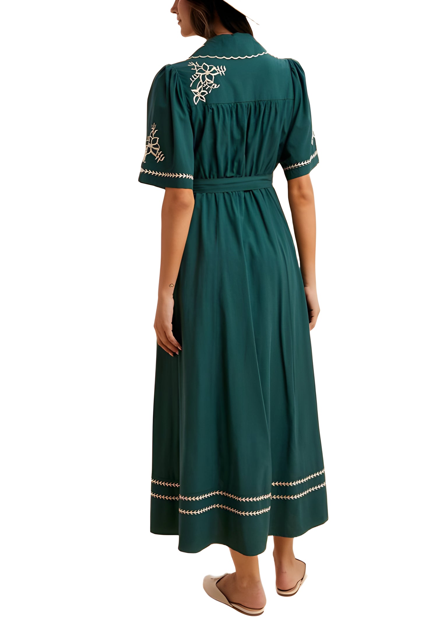 Teal Embroidered Button-Down Maxi Dress with Waist Tie