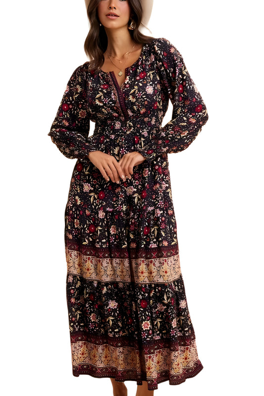 Boho Floral Tiered Maxi Dress with Long Sleeves