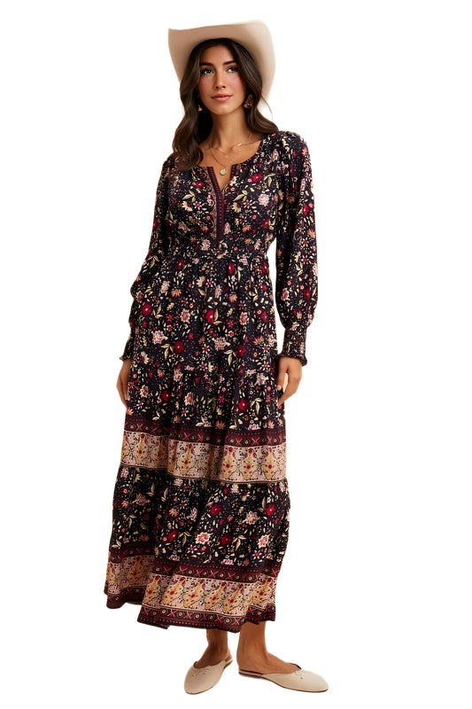 Boho Floral Tiered Maxi Dress with Long Sleeves