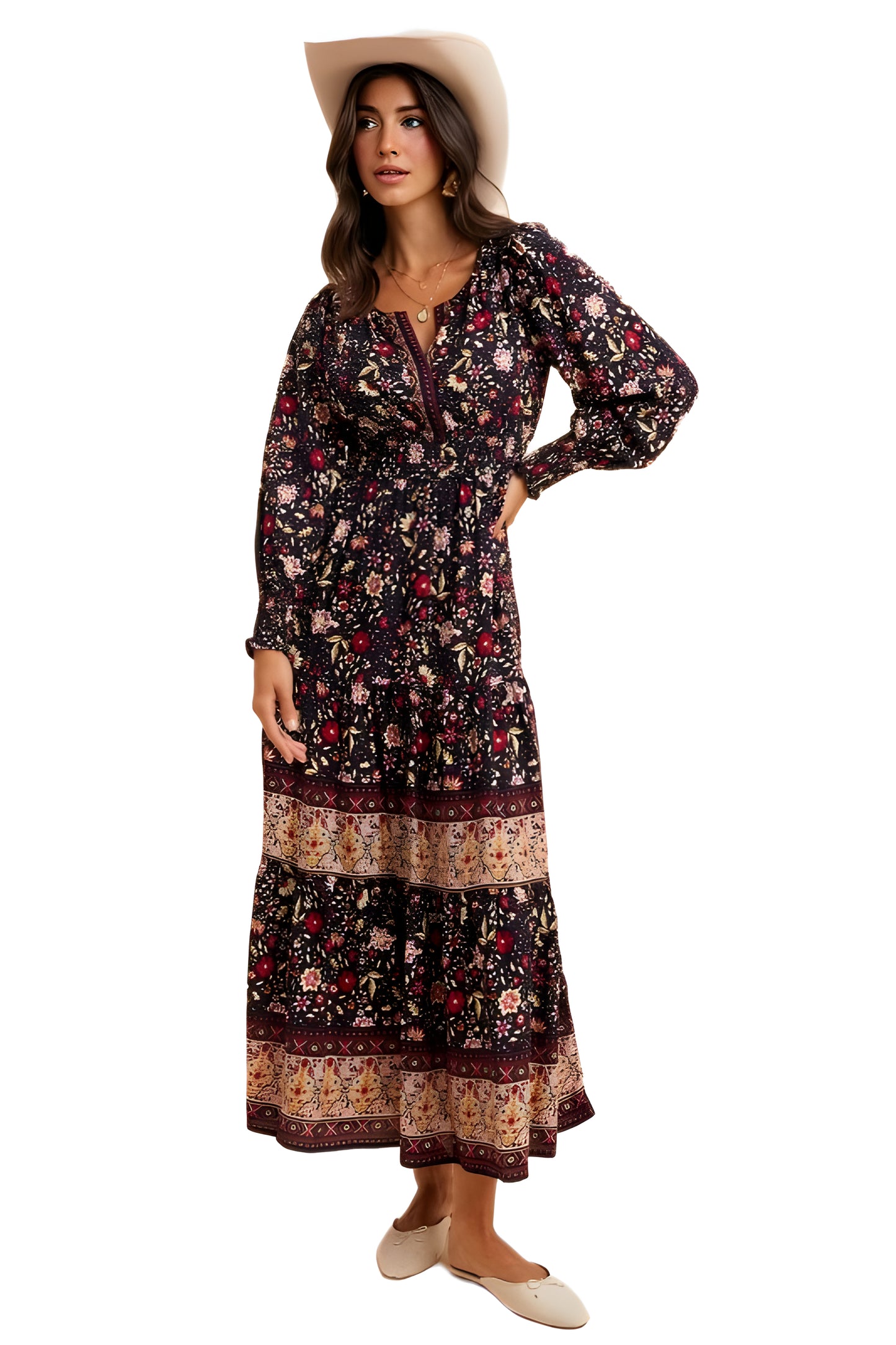 Boho Floral Tiered Maxi Dress with Long Sleeves