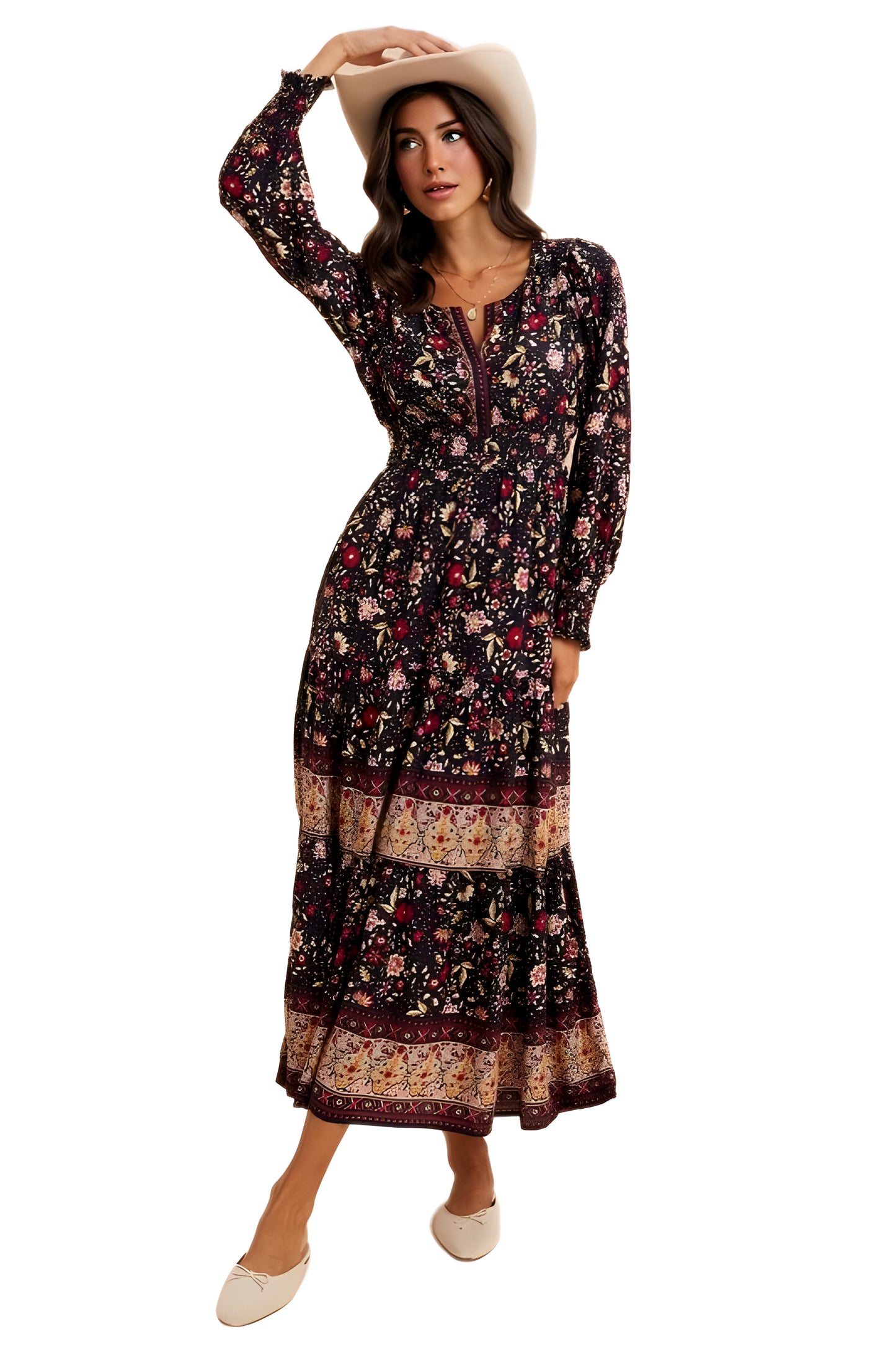 Boho Floral Tiered Maxi Dress with Long Sleeves