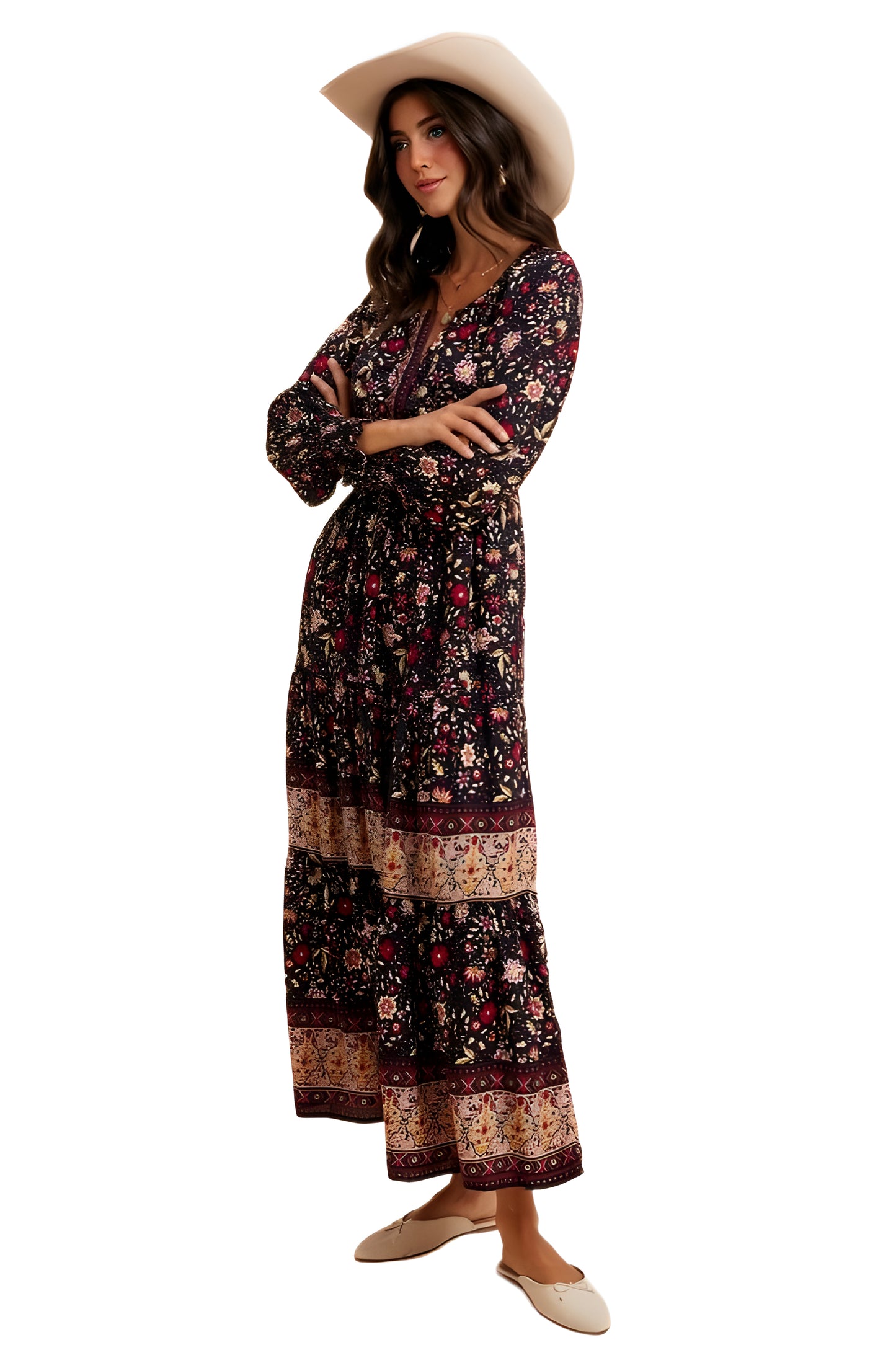 Boho Floral Tiered Maxi Dress with Long Sleeves