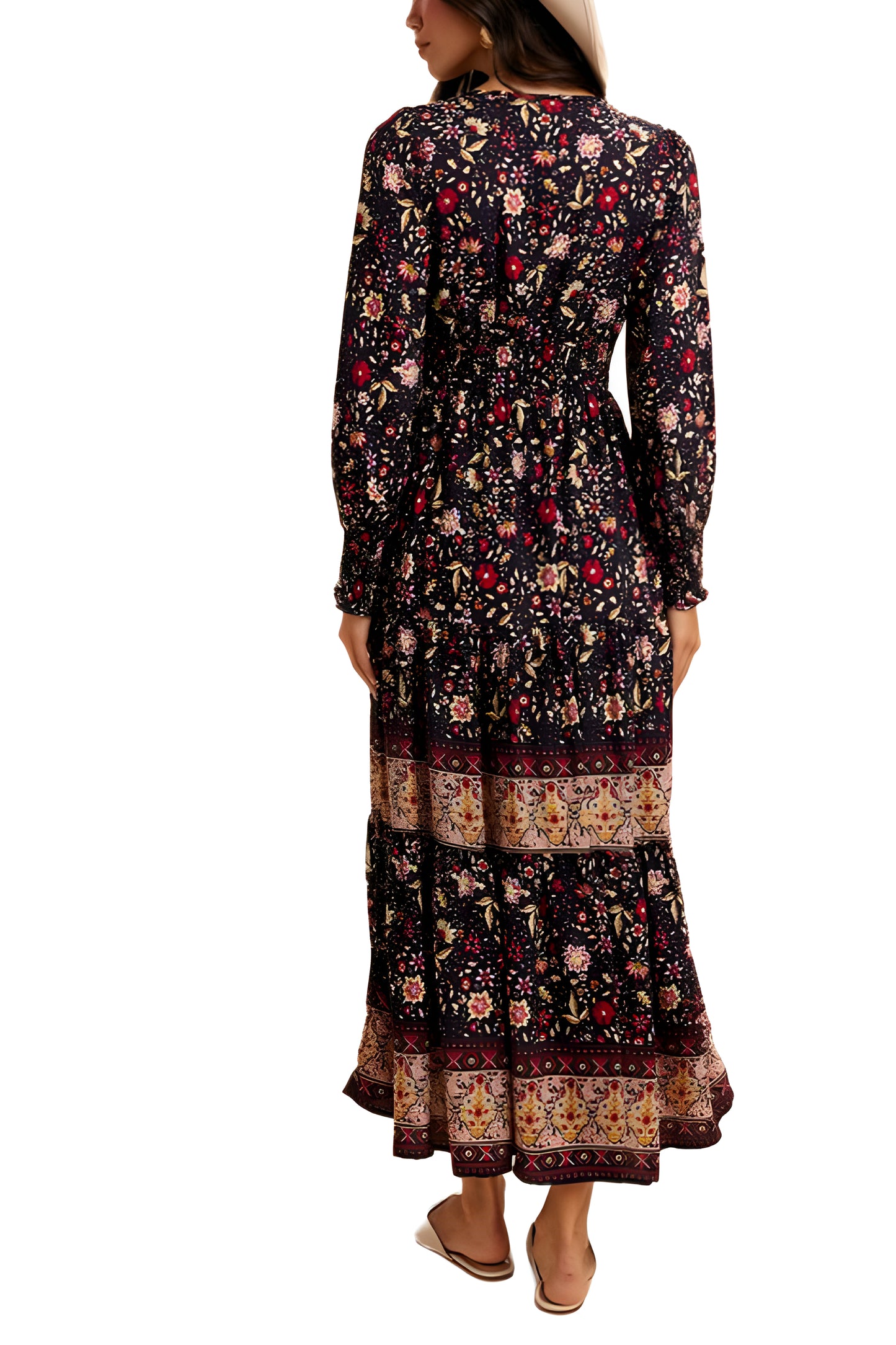 Boho Floral Tiered Maxi Dress with Long Sleeves